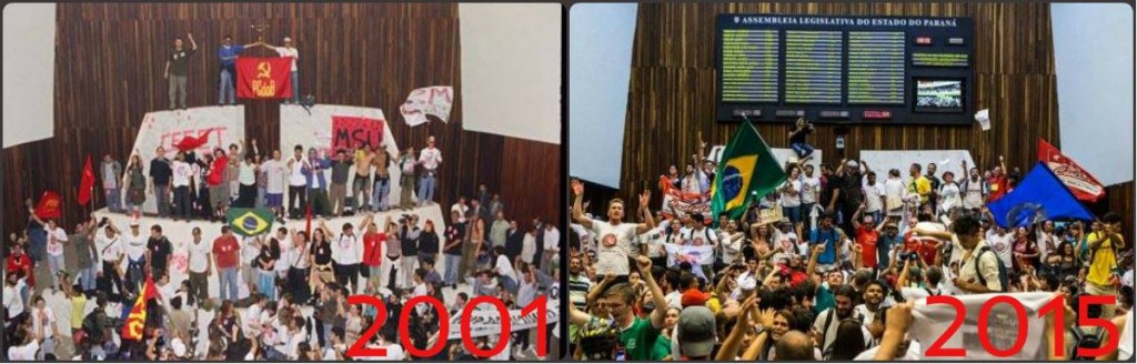 Ocupações da Assembléia Legislativa do Estado do Paraná (ALEP) em 2001 (contra a venda da Copel e a cobrança de mensalidades em universidades estaduais) e em 2015 (contra o desvio de dinheiro do Fundo Previdenciário da Paraná Previdência). Muitos dos estudantes que protestavam comigo, em 2001, em 2015 são professores estaduais. (Montagem: Blog do Raoni.)