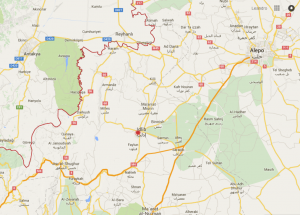 Mapa da região onde a Turquia derrubou o avião militar russo. Em vermelho, a fronteira turco-síria. A cidade de Idlib em cujas cercanias o avião caiu, fica a cerca de 25Km da Turquia. Fonte: Google Maps.